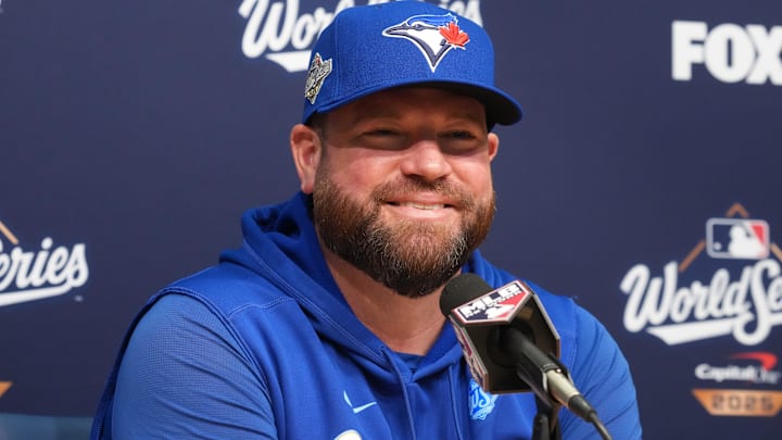 Oct 29, 2025; Los Angeles, California, USA;Toronto Blue Jays manager John Schneider at press conference during game five of the 2025 MLB World Series at Dodger Stadium.