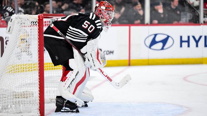 Apr 12, 2026; Newark, New Jersey, USA; New Jersey Devils goaltender Nico Daws (50) tends net against the Ottawa Senators during the third period at Prudential Center. Mandatory Credit: John Jones-Imagn Images Apr 12, 2026; Newark, New Jersey, USA; New Jersey Devils goaltender Nico Daws (50) tends net against the Ottawa Senators during the third period at Prudential Center. Mandatory Credit: John Jones-Imagn Images