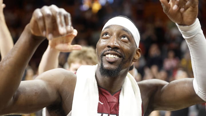 Mar 10, 2026; Miami, Florida, USA;  Miami Heat center Bam Adebayo (13) reacts after becoming the NBA's second highest scorer of points in a game against the Wshington Wizards at Kaseya Center. Adebayo scored 83 points. Mandatory Credit: Rhona Wise-Imagn Images