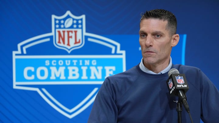 Feb 27, 2025; Indianapolis, IN, USA; Houston Texans general manager Nick Caserio speaks during the 2025 NFL Scouting Combine at the Indiana Convention Center. Mandatory Credit: Kirby Lee-Imagn Images