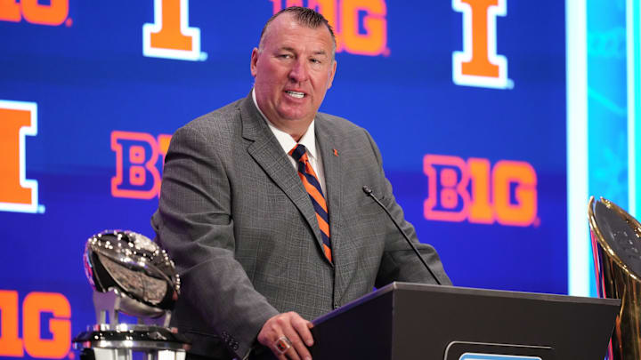 Jul 22, 2025; Las Vegas, NV, USA; Illinois head coach Bret Bielema speaks to the media during the Big Ten NCAA college football media days at Mandalay Bay Resort. Mandatory Credit: Lucas Peltier-Imagn Images