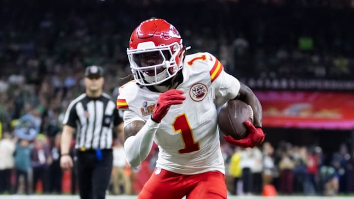 Feb 9, 2025; New Orleans, LA, USA; Kansas City Chiefs wide receiver Xavier Worthy (1) against the Philadelphia Eagles in Super Bowl LIX at Ceasars Superdome. Mandatory Credit: Mark J. Rebilas-Imagn Images Feb 9, 2025; New Orleans, LA, USA; Kansas City Chiefs wide receiver Xavier Worthy (1) against the Philadelphia Eagles in Super Bowl LIX at Ceasars Superdome. Mandatory Credit: Mark J. Rebilas-Imagn Images