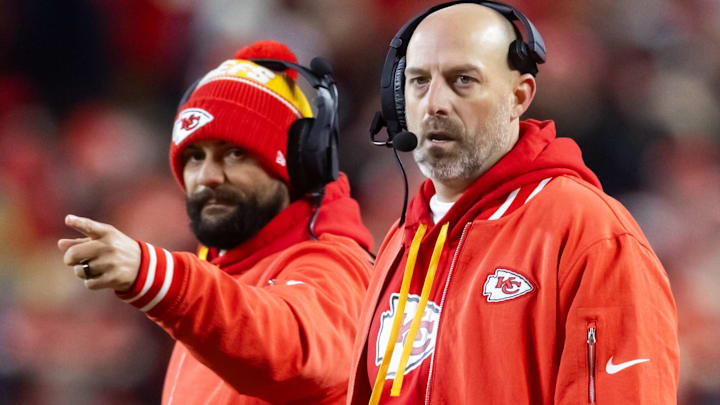 Jan 26, 2025; Kansas City, MO, USA; Kansas City Chiefs offensive coordinator Matt Nagy (right) and wide receivers coach Connor Embree against the Buffalo Bills in the AFC Championship game at GEHA Field at Arrowhead Stadium.