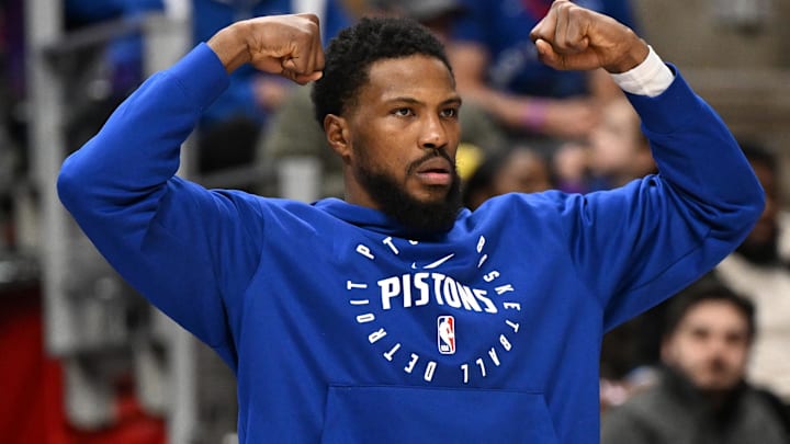 Feb 9, 2025; Detroit, Michigan, USA; Detroit Pistons guard Malik Beasley (5) celebrates on the bench after the Pistons made a three-point shot against the Charlotte Hornets in the second quarter at Little Caesars Arena. Mandatory Credit: Lon Horwedel-Imagn Images