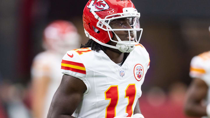 Aug 9, 2025; Glendale, Arizona, USA; Kansas City Chiefs wide receiver Jalen Royals (11) against the Arizona Cardinals during a preseason NFL game at State Farm Stadium. Mandatory Credit: Mark J. Rebilas-Imagn Images Aug 9, 2025; Glendale, Arizona, USA; Kansas City Chiefs wide receiver Jalen Royals (11) against the Arizona Cardinals during a preseason NFL game at State Farm Stadium. Mandatory Credit: Mark J. Rebilas-Imagn Images