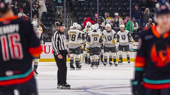 Henderson Silver Knights celebrate a 6-2 win over the Firebirds after their game at Acrisure Arena in Palm Desert, Calif., Thursday, Feb. 26, 2026.