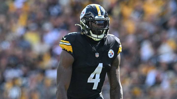 Sep 13, 2026; Pittsburgh, Pennsylvania, USA; Pittsburgh Steelers wide receiver Dk Metcalf (4) lines up against the Atlanta Falcons during the second half at Acrisure Stadium. Mandatory Credit: Barry Reeger-Imagn Images