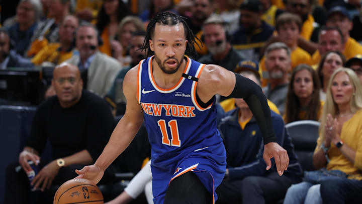 New York Knicks guard Jalen Brunson dribbles downcourt during Game 3 of the Eastern Conference finals against the Indiana Pacers.