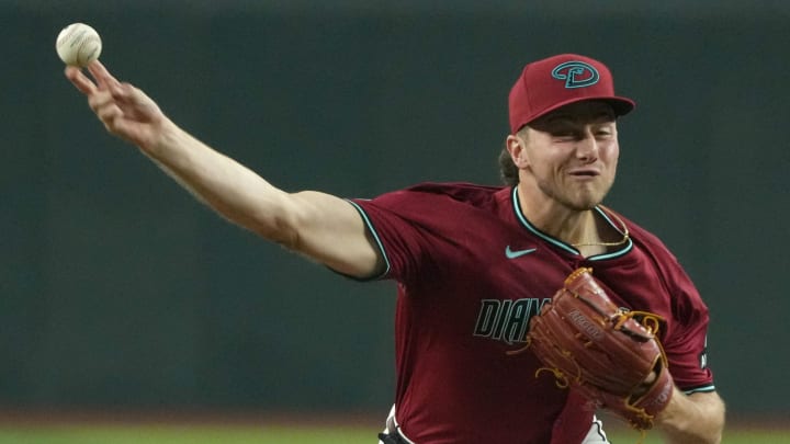 Jul 11, 2024; Phoenix, Arizona, USA; Arizona Diamondbacks pitcher Brandon Pfaadt (32) throws against the Atlanta Braves in the first inning at Chase Field. Mandatory Credit: Rick Scuteri-USA TODAY Sports Jul 11, 2024; Phoenix, Arizona, USA; Arizona Diamondbacks pitcher Brandon Pfaadt (32) throws against the Atlanta Braves in the first inning at Chase Field. Mandatory Credit: Rick Scuteri-USA TODAY Sports
