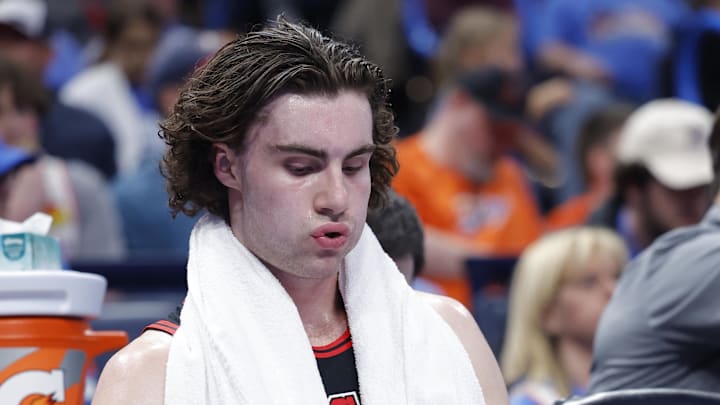 Mar 31, 2025; Oklahoma City, Oklahoma, USA; Chicago Bulls guard Josh Giddey (3) sits on the bench during the second half against the Oklahoma City Thunder at Paycom Center. Mandatory Credit: Alonzo Adams-Imagn Images