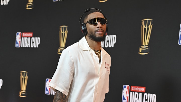 Milwaukee Bucks guard Lillard arrives at the Emirates NBA Cup-Red Carpet before their game against the Oklahoma City Thunder at T-Mobile Arena. 