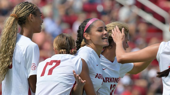 Arkansas soccer celebrates a goal in a 8-0 win over Western Kentucky at Razorback Field 