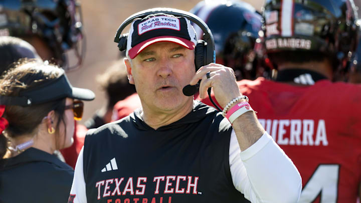 Oct 18, 2025; Tempe, Arizona, USA; Texas Tech Red Raiders head coach Joey McGuire against the Arizona State Sun Devils in the first half at Mountain America Stadium. 