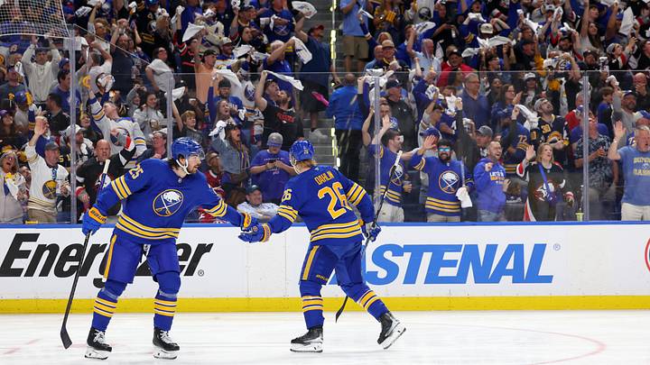 May 18, 2026; Buffalo, New York, USA; Buffalo Sabres defenseman Rasmus Dahlin (26) celebrates his goal with defenseman Owen Power (25) during the third period against the Montréal Canadiens in game seven of the second round of the 2026 Stanley Cup Playoffs at KeyBank Center. Mandatory Credit: Timothy T. Ludwig-Imagn Images May 18, 2026; Buffalo, New York, USA; Buffalo Sabres defenseman Rasmus Dahlin (26) celebrates his goal with defenseman Owen Power (25) during the third period against the Montréal Canadiens in game seven of the second round of the 2026 Stanley Cup Playoffs at KeyBank Center. Mandatory Credit: Timothy T. Ludwig-Imagn Images