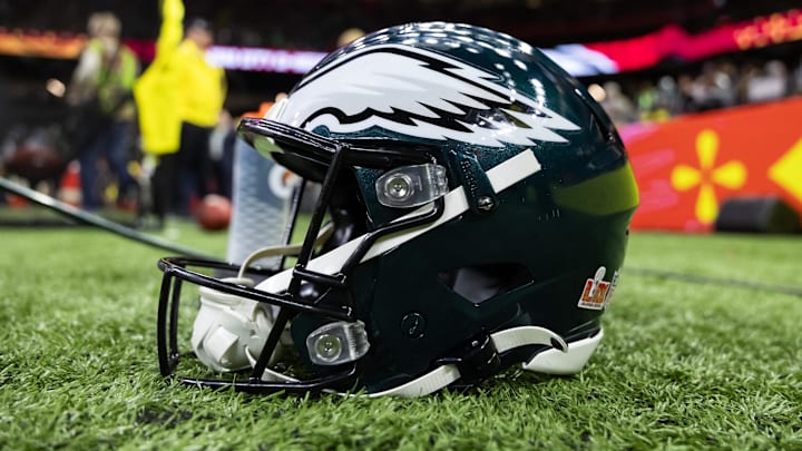 Feb 9, 2025; New Orleans, LA, USA; Detailed view of a Philadelphia Eagles helmet during Super Bowl LIX at Ceasars Superdome. Mandatory Credit: Mark J. Rebilas-Imagn Images