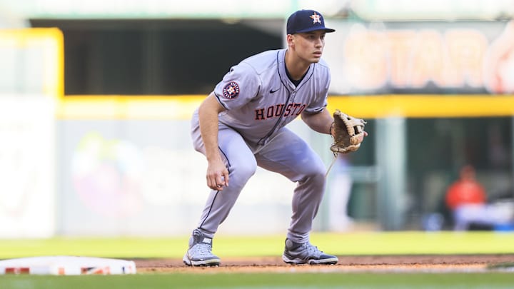 Houston Astros third baseman Shay Whitcomb readies during a game against the Cincinnati Reds on Sept. 2 at Great American Ball Park.