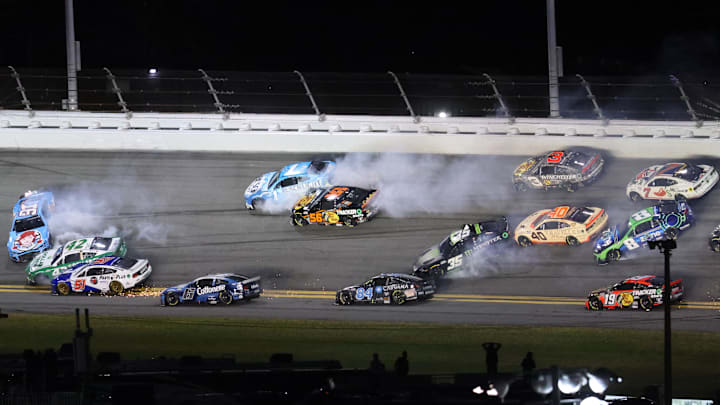 Helio Castroneves (91), Ross Chastain (1), and Martin Truex Jr. (56) each saw their bid for a Daytona 500 win come to an end in a Lap 71 crash.