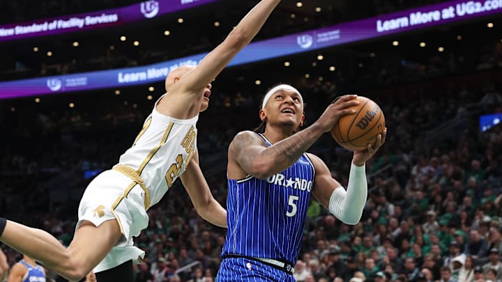 Apr 12, 2026; Boston, Massachusetts, USA; Boston Celtics forward Jordan Walsh (27) fouls Orlando Magic forward Paolo Banchero (5) during the first half at TD Garden. Mandatory Credit: Paul Rutherford-Imagn Images Apr 12, 2026; Boston, Massachusetts, USA; Boston Celtics forward Jordan Walsh (27) fouls Orlando Magic forward Paolo Banchero (5) during the first half at TD Garden. Mandatory Credit: Paul Rutherford-Imagn Images