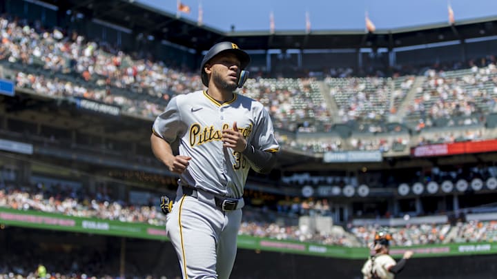Apr 28, 2024; San Francisco, California, USA; Pittsburgh Pirates designated hitter Edward Olivares (38) reacts after scoring against the San Francisco Giants during the fifth inning at Oracle Park. Apr 28, 2024; San Francisco, California, USA; Pittsburgh Pirates designated hitter Edward Olivares (38) reacts after scoring against the San Francisco Giants during the fifth inning at Oracle Park.
