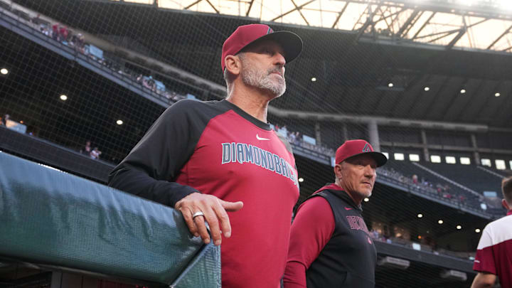Arizona Diamondbacks manager Torey Lovullo looks out onto the field before they take on the Baltimore Orioles at Chase Field in Phoenix on April 8, 2025.