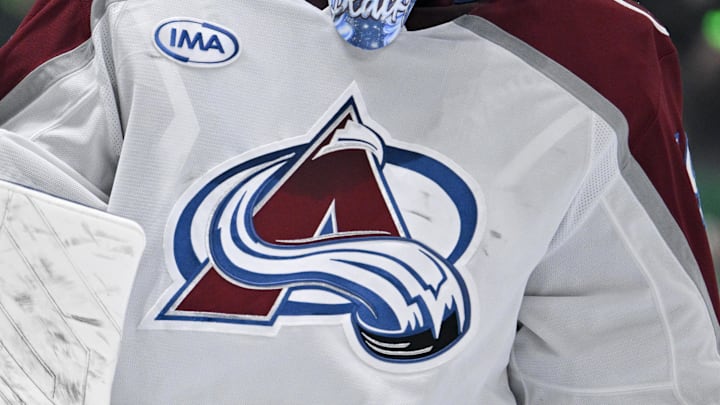 Apr 21, 2025; Dallas, Texas, USA; A view of the logo of Colorado Avalanche goaltender Mackenzie Blackwood (39) during the game between the Dallas Stars and the Colorado Avalanche in game two of the first round of the 2025 Stanley Cup Playoffs at American Airlines Center. Mandatory Credit: Jerome Miron-Imagn Images