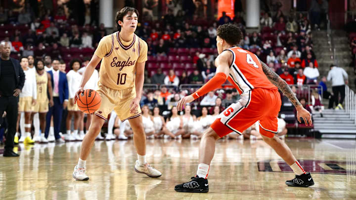 Luka Toews dribbles the ball in front of Nate Kingz at Conte Forum on Jan. 17, 2026.