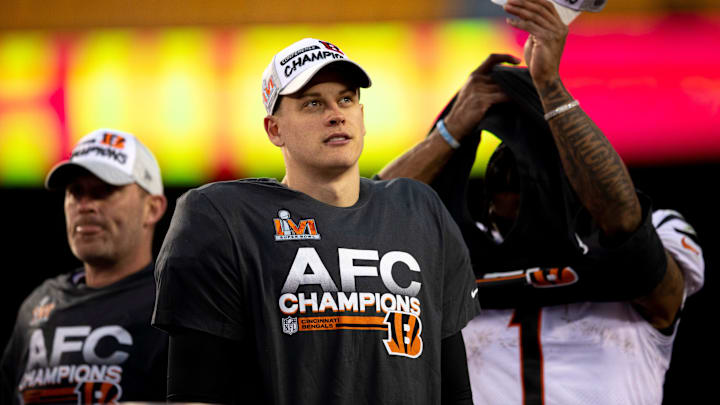 Cincinnati Bengals quarterback Joe Burrow (9) looks on during the AFC Championship trophy celebration after the AFC championship NFL football game, Sunday, Jan. 30, 2022, at GEHA Field at Arrowhead Stadium in Kansas City, Mo. Cincinnati Bengals defeated Kansas City Chiefs 27-24.

Cincinnati Bengals At Kansas City Chiefs Jan 30 Afc Championship 106