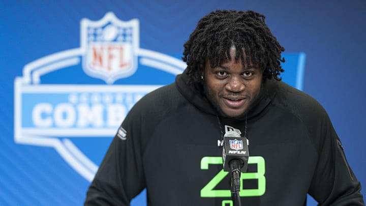 Mar 1, 2025; Indianapolis, IN, USA; University of Missouri offensive lineman Armand Membou (OL28) answers questions at a press conference during the 2025 NFL Combine at Indiana Convention Center. Mandatory Credit: Jacob Musselman-Imagn Images Mar 1, 2025; Indianapolis, IN, USA; University of Missouri offensive lineman Armand Membou (OL28) answers questions at a press conference during the 2025 NFL Combine at Indiana Convention Center. Mandatory Credit: Jacob Musselman-Imagn Images