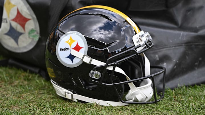 Nov 16, 2025; Pittsburgh, Pennsylvania, USA; A Pittsburgh Steelers helmet before a game against the Cincinnati Bengals at Acrisure Stadium. Mandatory Credit: Barry Reeger-Imagn Images