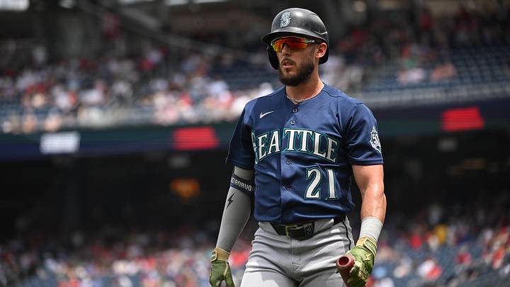 Jun 14, 2026; Washington, District of Columbia, USA; Seattle Mariners third baseman Miles Mastrobuoni (21) walks back to the dugout after striking out against the Washington Nationals during the second inning at Nationals Park. Mandatory Credit: Rafael Suanes-Imagn Images Jun 14, 2026; Washington, District of Columbia, USA; Seattle Mariners third baseman Miles Mastrobuoni (21) walks back to the dugout after striking out against the Washington Nationals during the second inning at Nationals Park. Mandatory Credit: Rafael Suanes-Imagn Images
