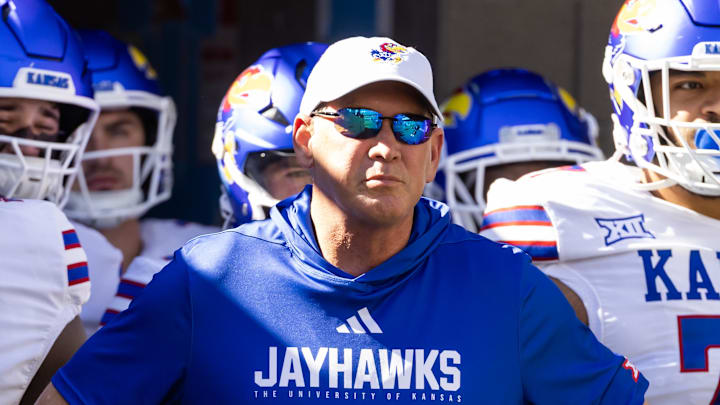 Nov 8, 2025; Tucson, Arizona, USA; Kansas Jayhawks head coach Lance Leipold against the Arizona Wildcats at Arizona Stadium. Mandatory Credit: Mark J. Rebilas-Imagn Images