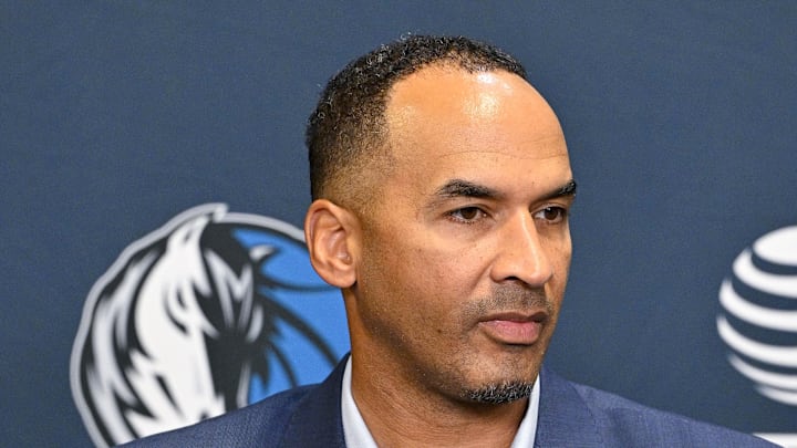 Jun 27, 2025; Dallas, TX, USA; Dallas Mavericks general manager Nico Harrison speaks to the media at the Dallas Mavericks Practice Facility. Mandatory Credit: Jerome Miron-Imagn Images