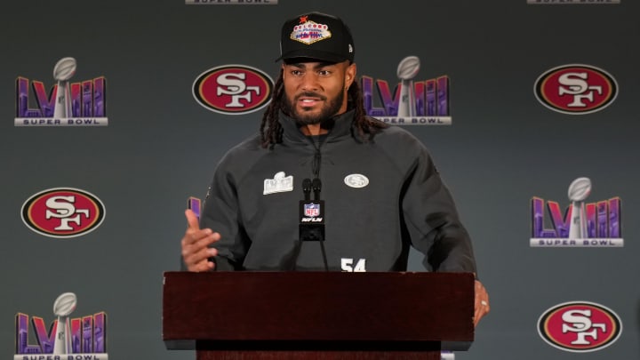 Feb 8, 2024; Las Vegas, NV, USA; San Francisco 49ers linebacker Fred Warner (54) during a press