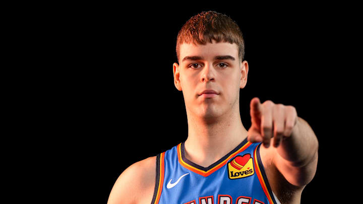 Oklahoma guard Nikola Topic (44) poses for a photo shoot during Thunder media day at Paycom Center in Oklahoma City on Monday, Sept. 29, 2025. Oklahoma guard Nikola Topic (44) poses for a photo shoot during Thunder media day at Paycom Center in Oklahoma City on Monday, Sept. 29, 2025.
