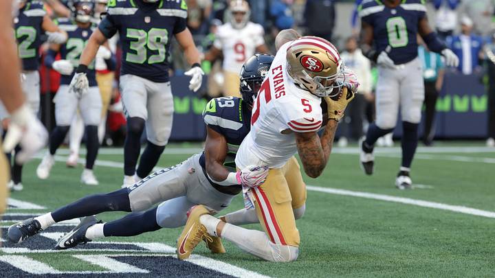 Oct 11, 2026; Seattle, Washington, USA; San Francisco 49ers wide receiver Mike Evans (5) catches a pass thrown by quarterback Brock Purdy (not pictured) for a two-point conversion against Seattle Seahawks cornerback Josh Jobe (29) in the second half at Lumen Field. Mandatory Credit: Joe Nicholson-Imagn Images Oct 11, 2026; Seattle, Washington, USA; San Francisco 49ers wide receiver Mike Evans (5) catches a pass thrown by quarterback Brock Purdy (not pictured) for a two-point conversion against Seattle Seahawks cornerback Josh Jobe (29) in the second half at Lumen Field. Mandatory Credit: Joe Nicholson-Imagn Images