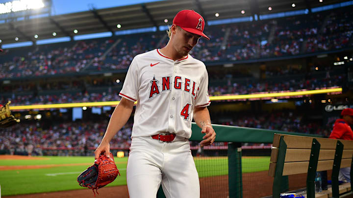 Jun 23, 2025; Anaheim, California, USA; Los Angeles Angels pitcher Jack Kochanowicz (41) returns following the top of the fifth inning against the Boston Red Sox at Angel Stadium. Mandatory Credit: Gary A. Vasquez-Imagn Images