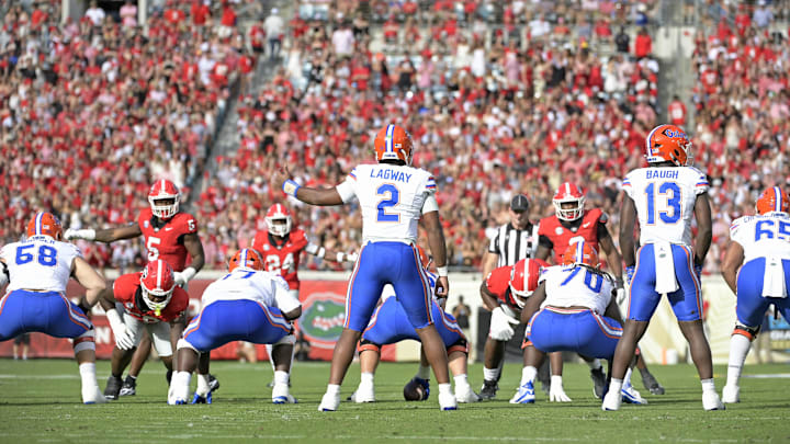 Florida quarterback DJ Lagway was carted off the field in the second quarter against Georgia on Saturday afternoon with a leg injury.