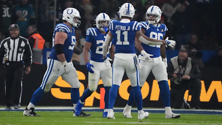 Nov 9, 2025; Berlin, Germany; Indianapolis Colts running back Jonathan Taylor (28) reacts with teammates against the Atlanta Falcons during the NFL Berlin Game at Olympic Stadium. Mandatory Credit: Kirby Lee-Imagn Images