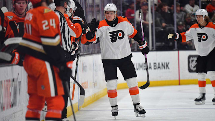 Mar 18, 2026; Anaheim, California, USA; Philadelphia Flyers right wing Owen Tippett (74) celebrates his goal scored against the Anaheim Ducks during the second period at Honda Center. Mar 18, 2026; Anaheim, California, USA; Philadelphia Flyers right wing Owen Tippett (74) celebrates his goal scored against the Anaheim Ducks during the second period at Honda Center.