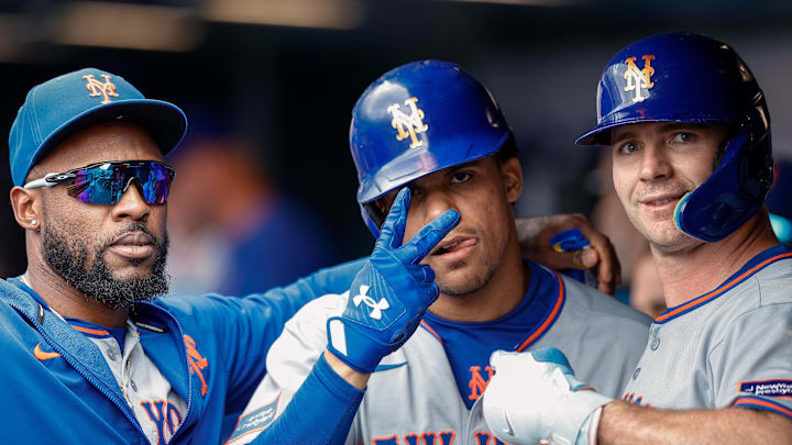 New York Mets outfielder Starling Marte (6) and right fielder Juan Soto (22) and first baseman Pete Alonso (20)