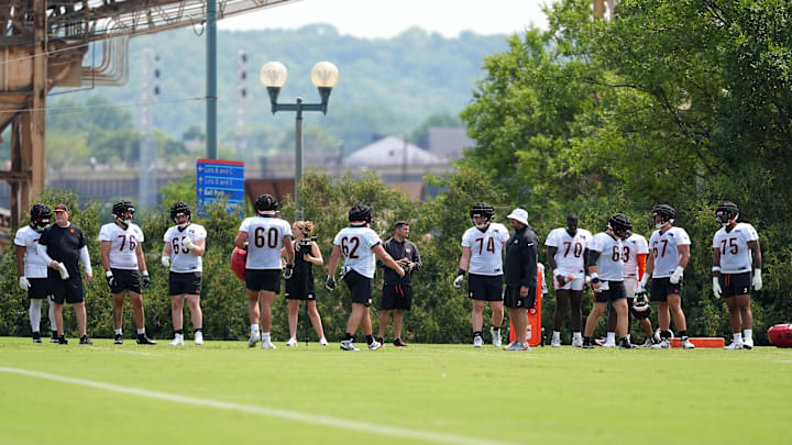 Jul 26, 2024; Cincinnati, OH, USA; The Cincinnati Bengals offensive line participates in drills during training camp practice at Kettering Health Practice Fields. Mandatory Credit: Kareem Elgazzar-Imagn Images Jul 26, 2024; Cincinnati, OH, USA; The Cincinnati Bengals offensive line participates in drills during training camp practice at Kettering Health Practice Fields. Mandatory Credit: Kareem Elgazzar-Imagn Images