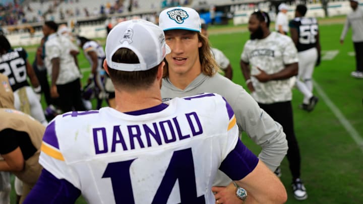 Jacksonville Jaguars quarterback Trevor Lawrence (16) and Minnesota Vikings quarterback Sam Darnold (14) talk after the game of an NFL football matchup Sunday, Nov. 10, 2024 at Everbank Stadium in Jacksonville, Fla. The Vikings defeated the Jaguars 12-7. [Corey Perrine/Florida Times-Union]