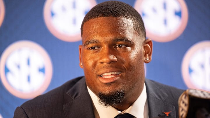 Jul 17, 2024; Dallas, TX, USA; Texas offensive lineman Kelvin Banks Jr. speaking at Omni Dallas Hotel. Mandatory Credit: Brett Patzke-Imagn Images