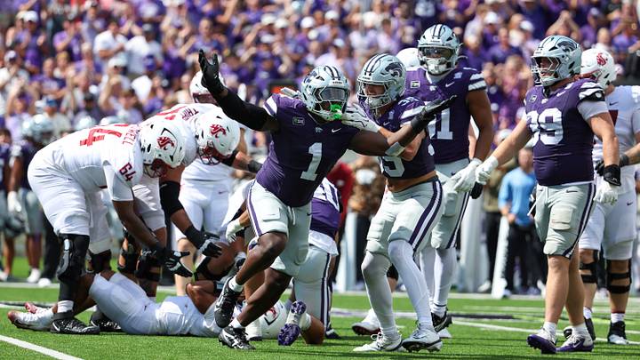 Sep 12, 2026; Manhattan, Kansas, USA; Kansas State Wildcats defensive end Wendell Gregory (1) and linebacker Gabe Powers (35) celebrate a sack against the Washington State Cougars in the third quarter at Bill Snyder Family Football Stadium. Mandatory Credit: Scott Sewell-Imagn Images Sep 12, 2026; Manhattan, Kansas, USA; Kansas State Wildcats defensive end Wendell Gregory (1) and linebacker Gabe Powers (35) celebrate a sack against the Washington State Cougars in the third quarter at Bill Snyder Family Football Stadium. Mandatory Credit: Scott Sewell-Imagn Images