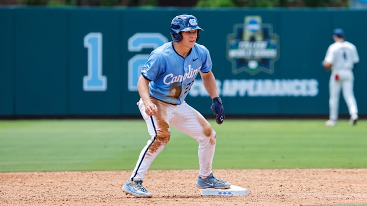 Jun 7, 2025; Chapel Hill, NC, USA;  North Carolina outfielder Kane Kepley (27) on second base during the third inning of the Super Regionals game against Arizona in Chapel Hill, North Carolina. Mandatory Credit: Jaylynn Nash-Imagn Images