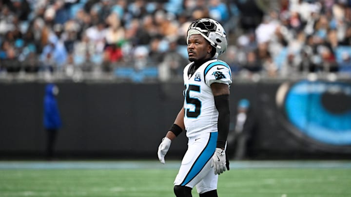 Dec 15, 2024; Charlotte, North Carolina, USA;  Carolina Panthers safety Xavier Woods (25) on the field in the fourth quarter at Bank of America Stadium. Mandatory Credit: Bob Donnan-Imagn Images