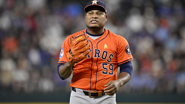 Sep 7, 2025; Arlington, Texas, USA; Houston Astros starting pitcher Framber Valdez (59) pitches against the Texas Rangers during the first inning at Globe Life Field