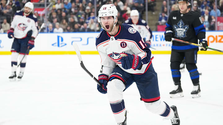 Jan 22, 2025; Toronto, Ontario, CAN; Columbus Blue Jackets center Adam Fantilli (19) celebrates scoring a goal against the Toronto Maple Leafs during the second period at Scotiabank Arena. Mandatory Credit: Nick Turchiaro-Imagn Images