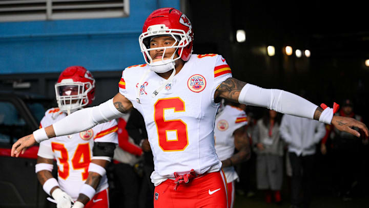 Dec 21, 2025; Nashville, Tennessee, USA;  Kansas City Chiefs safety Bryan Cook (6) runs to the field against the Tennessee Titans during pre-game warmups at Nissan Stadium. Mandatory Credit: Steve Roberts-Imagn Images
