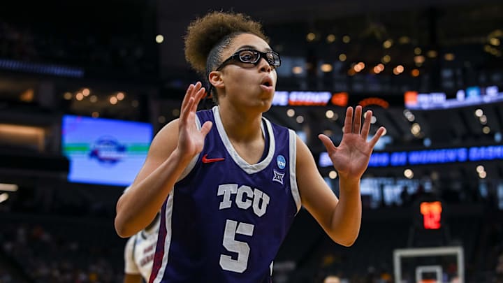 Mar 30, 2026; Sacramento, CA, USA;  Texas Christian University Horned Frogs guard Olivia Miles (5) reacts to a called foul during the first quarter of the game against the South Carolina Gamecocks in an Elite Eight game in the Sacramento Regional 4 of the women's 2026 NCAA Tournament at the Golden 1 Center. Mandatory Credit: Ed Szczepanski-Imagn Images